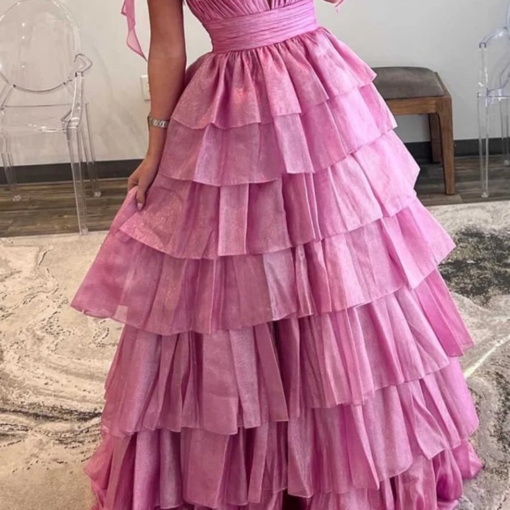 Pink Ruffled Prom Dress with Bow Straps - Picture 4 of 7